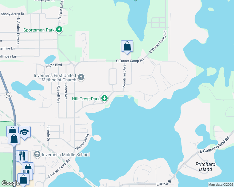 map of restaurants, bars, coffee shops, grocery stores, and more near 115 Hunting Lodge Drive in Inverness