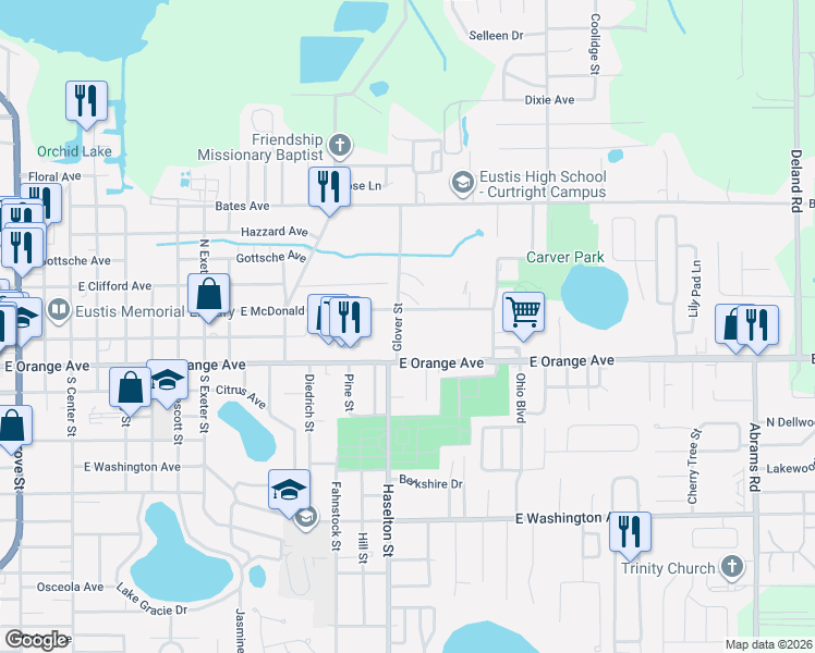 map of restaurants, bars, coffee shops, grocery stores, and more near 64 Glover Street in Eustis