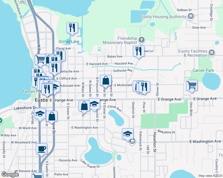 map of restaurants, bars, coffee shops, grocery stores, and more near 1002 East McDonald Avenue in Eustis