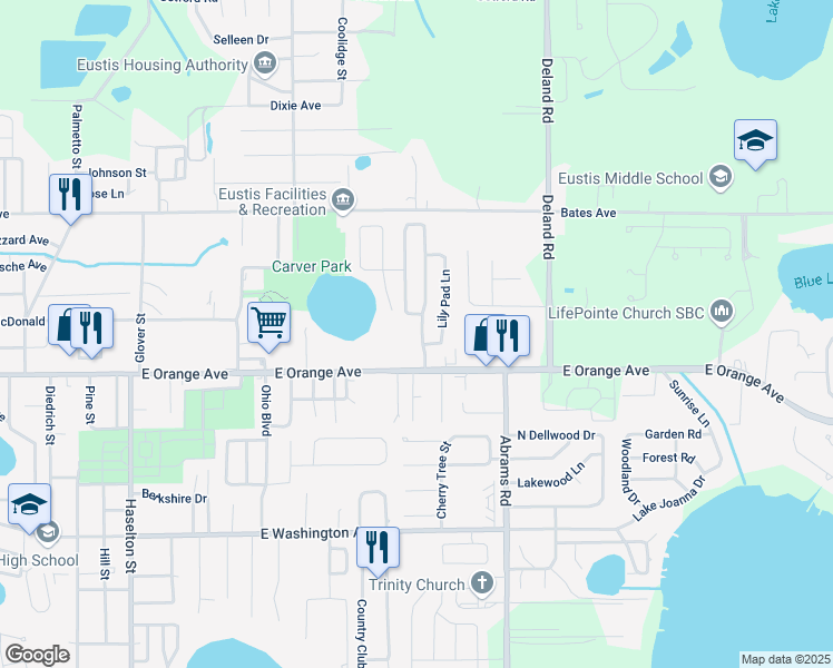 map of restaurants, bars, coffee shops, grocery stores, and more near 102 Cricket Hollow Lane in Eustis