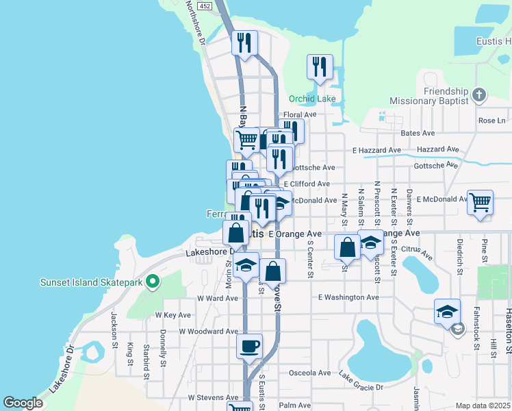 map of restaurants, bars, coffee shops, grocery stores, and more near 113 Florida 19 in Eustis