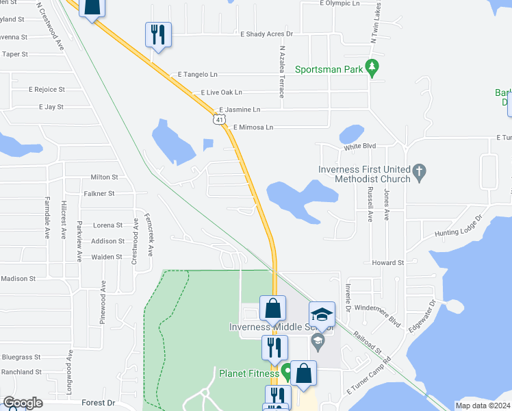 map of restaurants, bars, coffee shops, grocery stores, and more near 1300 Andrew Street in Inverness