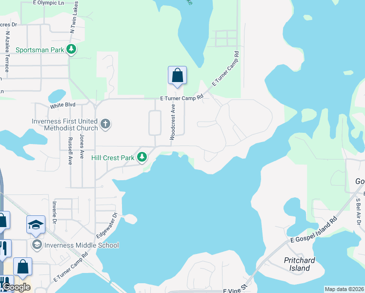 map of restaurants, bars, coffee shops, grocery stores, and more near 77 Hunting Lodge Drive in Inverness
