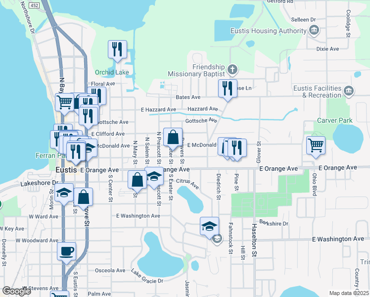 map of restaurants, bars, coffee shops, grocery stores, and more near 1002 East McDonald Avenue in Eustis