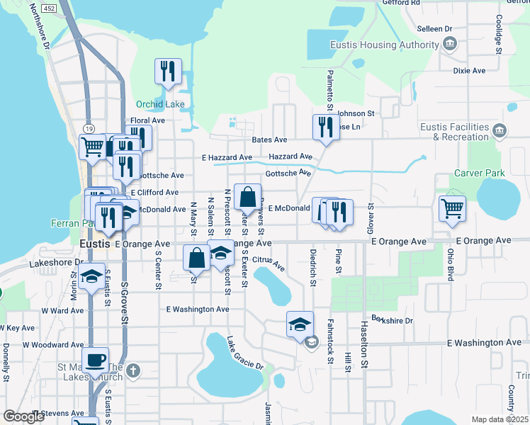 map of restaurants, bars, coffee shops, grocery stores, and more near 1002 East McDonald Avenue in Eustis