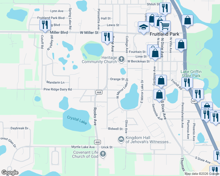 map of restaurants, bars, coffee shops, grocery stores, and more near 400 Willard Avenue in Fruitland Park