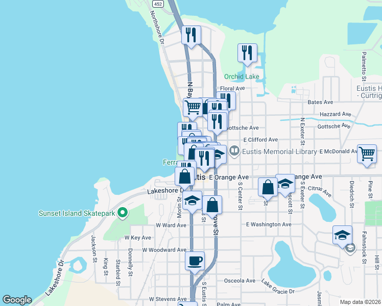 map of restaurants, bars, coffee shops, grocery stores, and more near 133 North Bay Street in Eustis