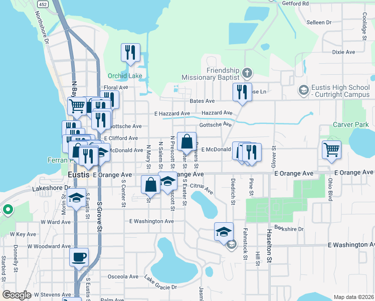 map of restaurants, bars, coffee shops, grocery stores, and more near 821 East Magnolia Avenue in Eustis