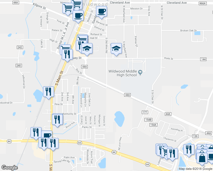 map of restaurants, bars, coffee shops, grocery stores, and more near 199 County Road 44A in Wildwood