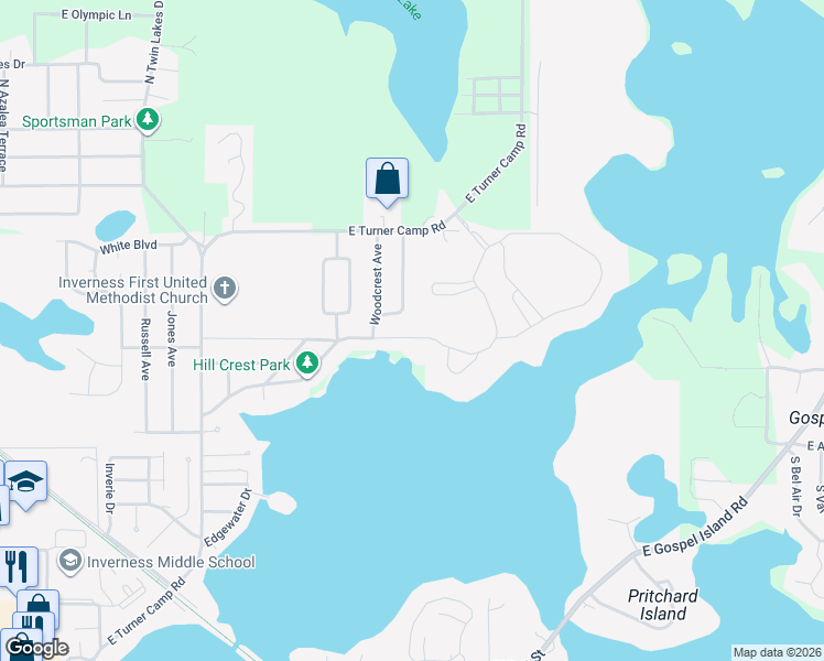 map of restaurants, bars, coffee shops, grocery stores, and more near 77 Hunting Lodge Drive in Inverness