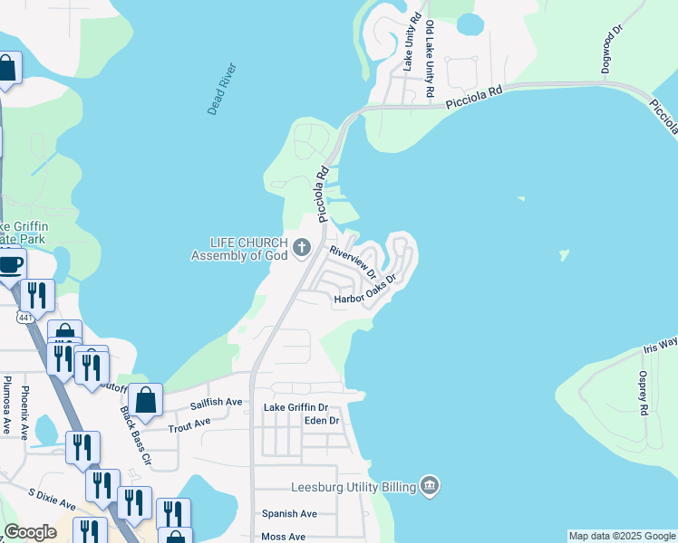 map of restaurants, bars, coffee shops, grocery stores, and more near 13 Harbor Oaks Drive in Fruitland Park