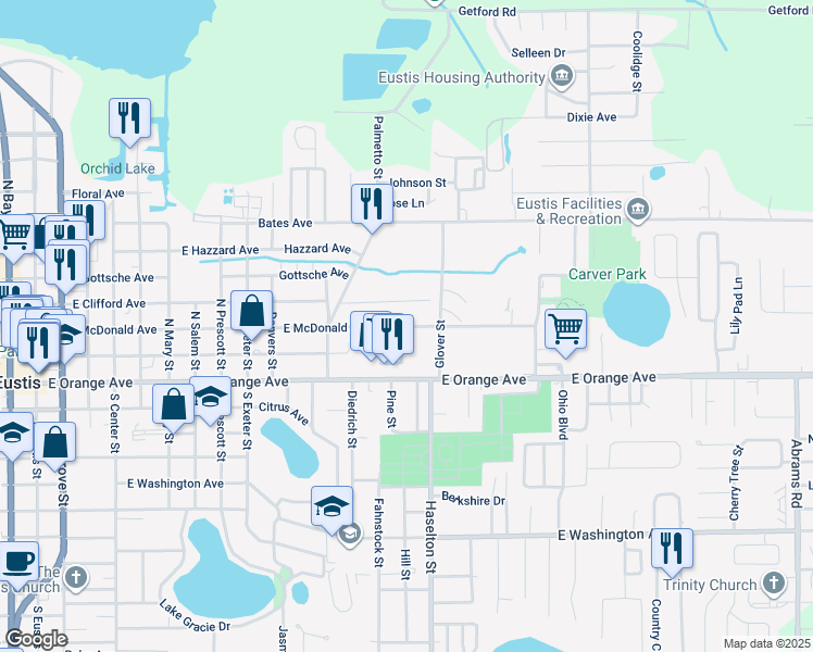 map of restaurants, bars, coffee shops, grocery stores, and more near 1482 East McDonald Avenue in Eustis