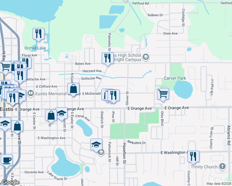 map of restaurants, bars, coffee shops, grocery stores, and more near 1482 East McDonald Avenue in Eustis