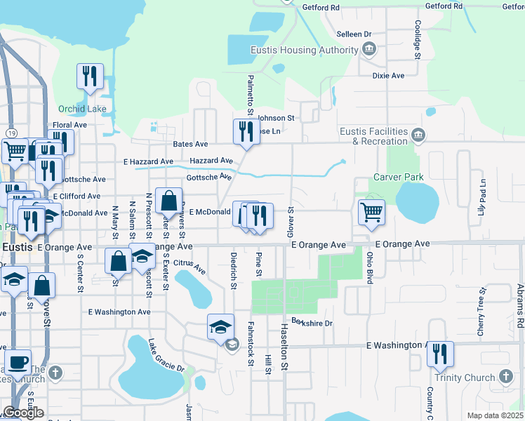 map of restaurants, bars, coffee shops, grocery stores, and more near 1482 East McDonald Avenue in Eustis