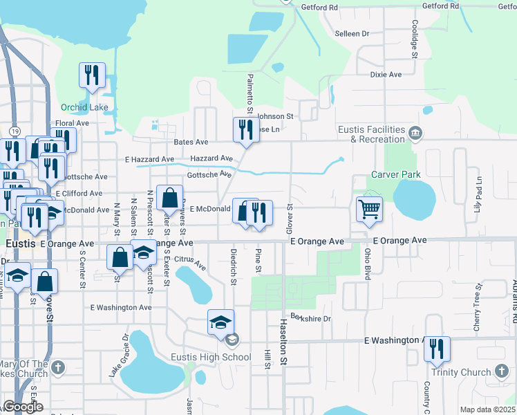 map of restaurants, bars, coffee shops, grocery stores, and more near 1482 East McDonald Avenue in Eustis