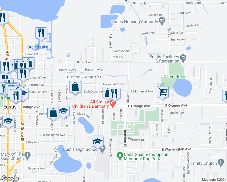 map of restaurants, bars, coffee shops, grocery stores, and more near 1482 East McDonald Avenue in Eustis