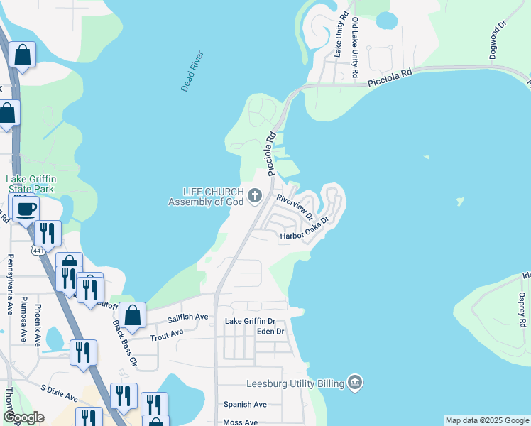 map of restaurants, bars, coffee shops, grocery stores, and more near 24 Hilly Way in Fruitland Park