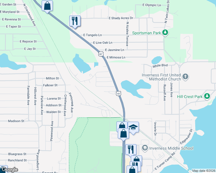 map of restaurants, bars, coffee shops, grocery stores, and more near 1308 Bruce Street in Inverness