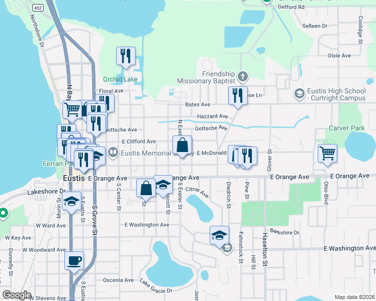 map of restaurants, bars, coffee shops, grocery stores, and more near 925 East McDonald Avenue in Eustis