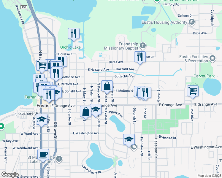 map of restaurants, bars, coffee shops, grocery stores, and more near 935 East McDonald Avenue in Eustis
