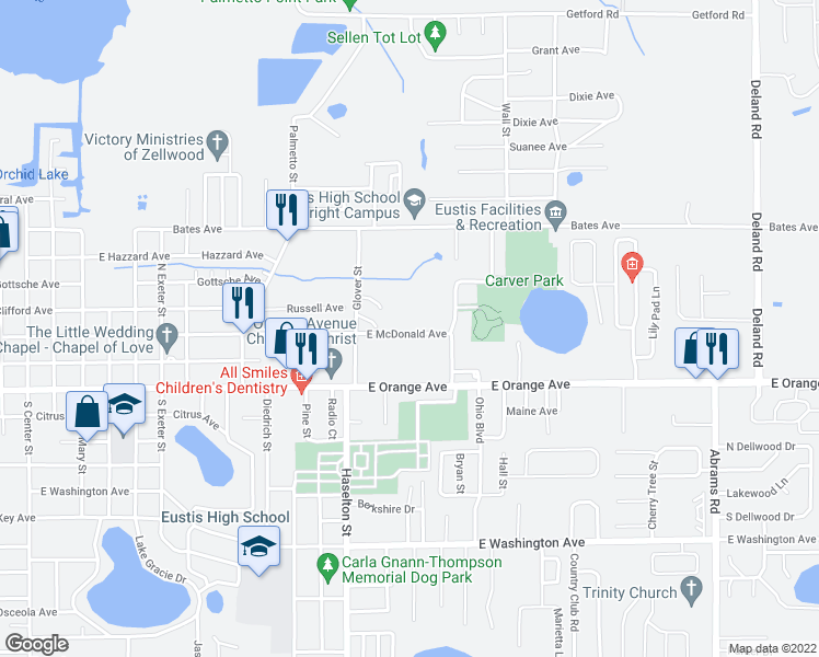 map of restaurants, bars, coffee shops, grocery stores, and more near 1817 East McDonald Avenue in Eustis