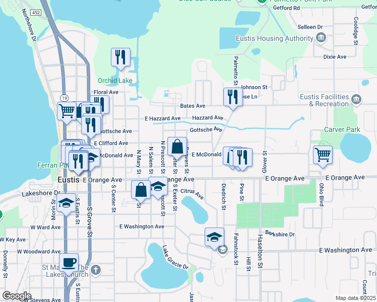 map of restaurants, bars, coffee shops, grocery stores, and more near 1005 East Clifford Avenue in Eustis