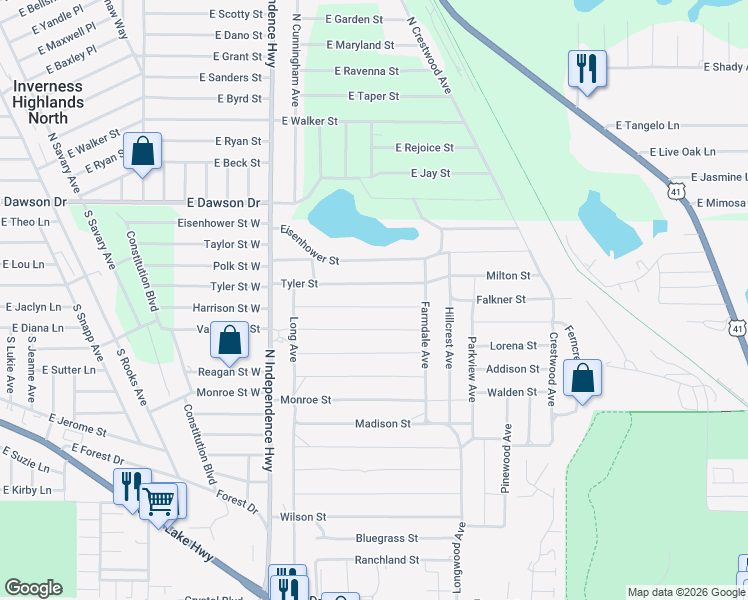 map of restaurants, bars, coffee shops, grocery stores, and more near 2311 Tyler Street in Inverness