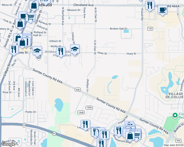 map of restaurants, bars, coffee shops, grocery stores, and more near 490 South Saint Clair Street in Wildwood