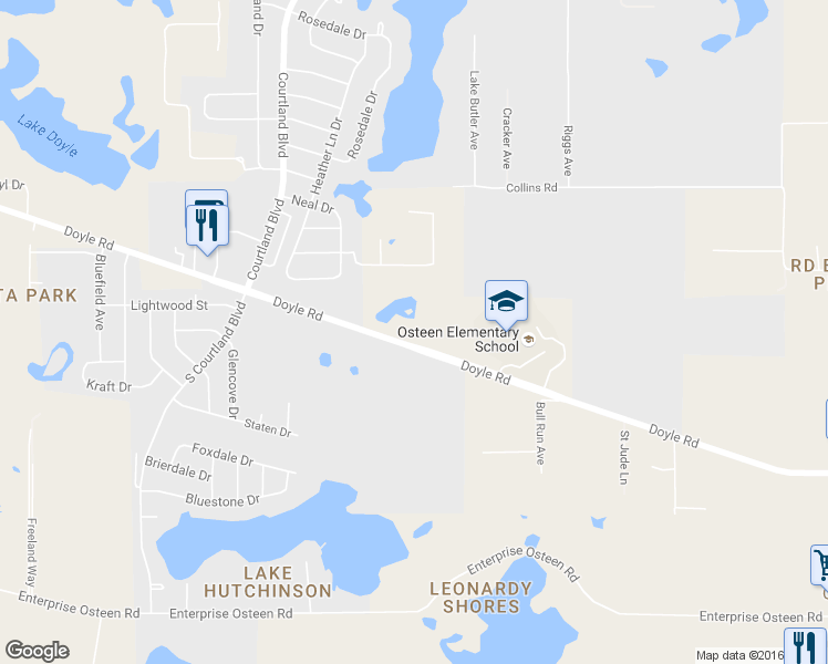 map of restaurants, bars, coffee shops, grocery stores, and more near 524 Doyle Road in Osteen