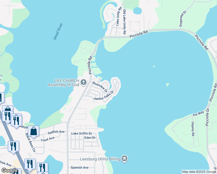 map of restaurants, bars, coffee shops, grocery stores, and more near 21 Gallinule Court in Fruitland Park