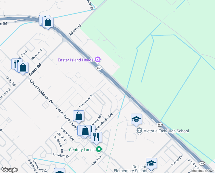 map of restaurants, bars, coffee shops, grocery stores, and more near 610 Pennsylvania Avenue in Victoria