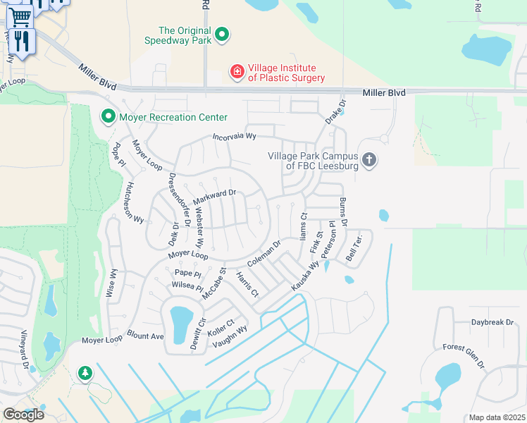 map of restaurants, bars, coffee shops, grocery stores, and more near 3223 Joy Ln in The Villages