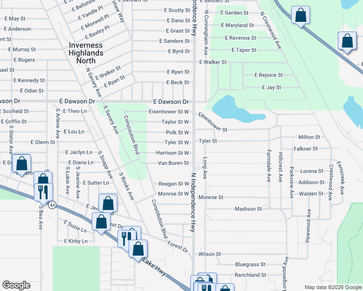 map of restaurants, bars, coffee shops, grocery stores, and more near 2806 Tyler Street in Inverness