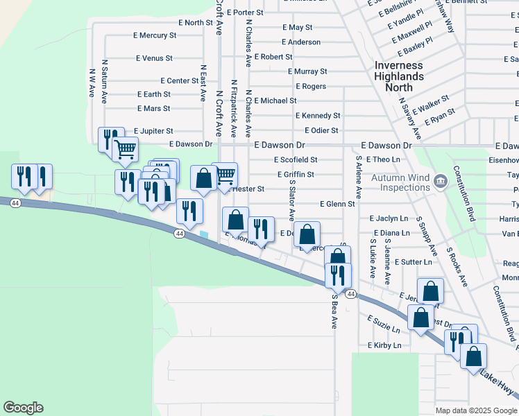map of restaurants, bars, coffee shops, grocery stores, and more near 3093 East Glenn Street in Inverness