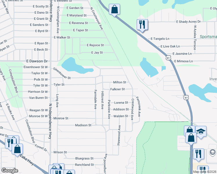 map of restaurants, bars, coffee shops, grocery stores, and more near 2109 Milton Street in Inverness