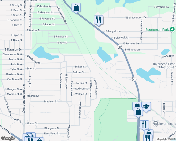 map of restaurants, bars, coffee shops, grocery stores, and more near 1909 Milton Street in Inverness