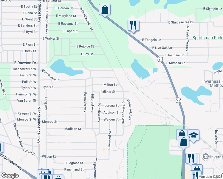 map of restaurants, bars, coffee shops, grocery stores, and more near 1909 Milton Street in Inverness