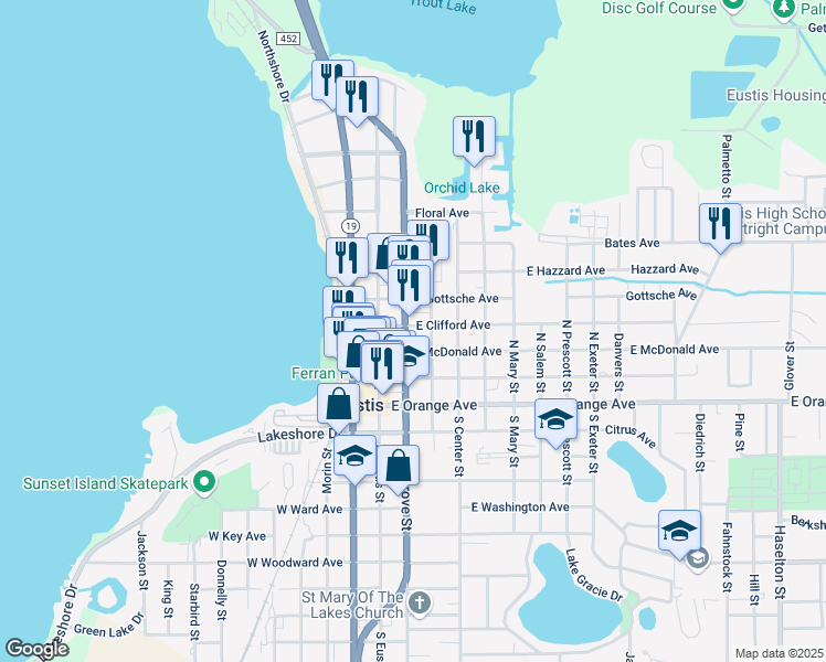 map of restaurants, bars, coffee shops, grocery stores, and more near 111 East Clifford Avenue in Eustis