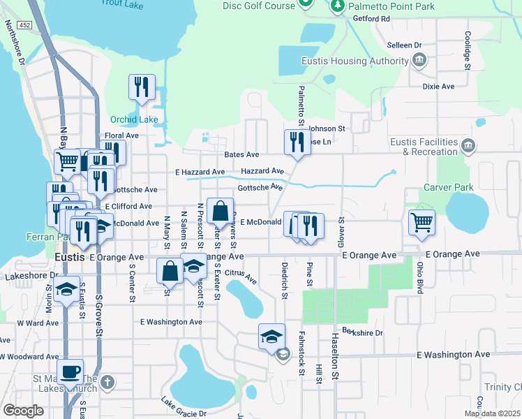 map of restaurants, bars, coffee shops, grocery stores, and more near 1128 East Clifford Avenue in Eustis
