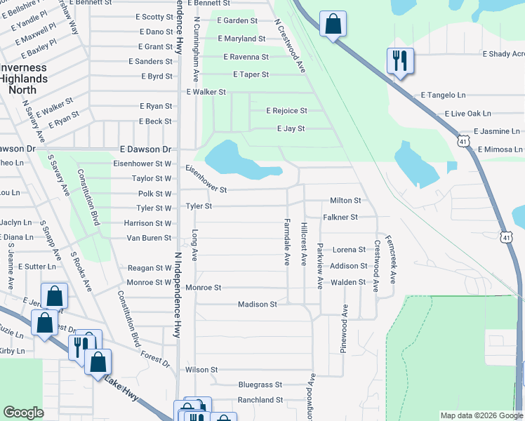 map of restaurants, bars, coffee shops, grocery stores, and more near 2311 Tyler Street in Inverness