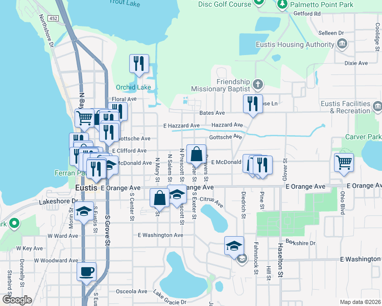 map of restaurants, bars, coffee shops, grocery stores, and more near 820 East Clifford Avenue in Eustis