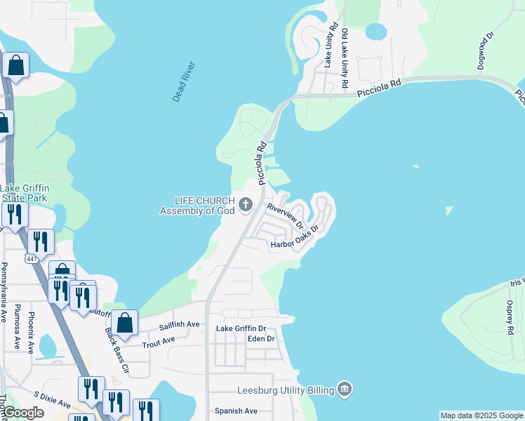 map of restaurants, bars, coffee shops, grocery stores, and more near 24 Hilly Way in Fruitland Park