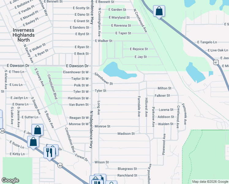 map of restaurants, bars, coffee shops, grocery stores, and more near 2411 Tyler Street in Inverness