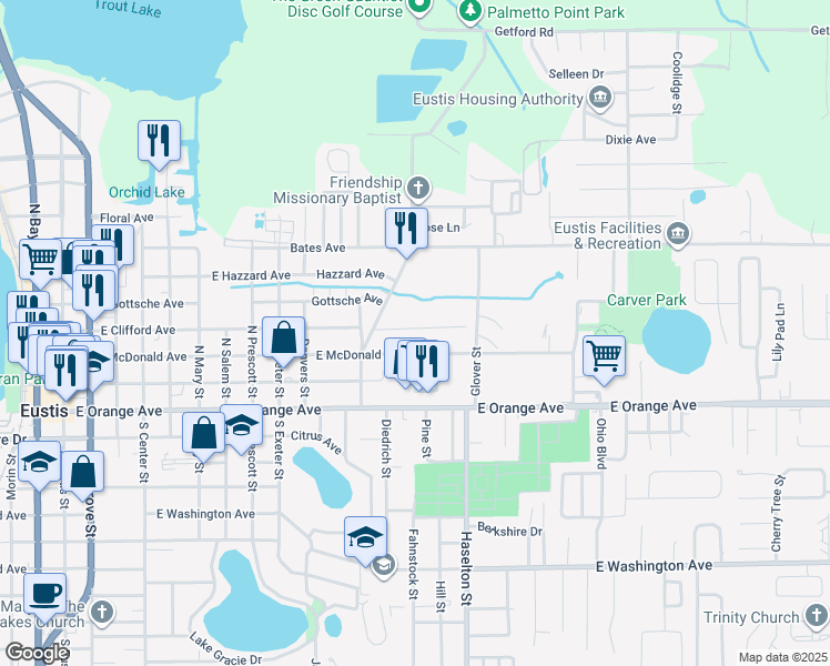 map of restaurants, bars, coffee shops, grocery stores, and more near 1400 Russell Avenue in Eustis