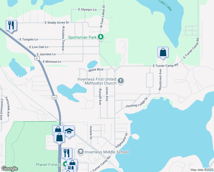 map of restaurants, bars, coffee shops, grocery stores, and more near 1107 Jones Avenue in Inverness