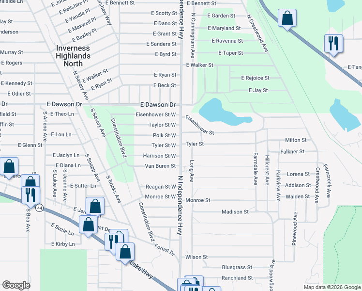 map of restaurants, bars, coffee shops, grocery stores, and more near Independence Highway in Inverness