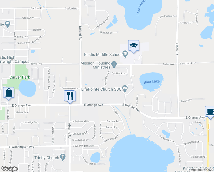 map of restaurants, bars, coffee shops, grocery stores, and more near 329 Misty Oaks Lane in Eustis