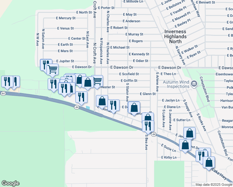 map of restaurants, bars, coffee shops, grocery stores, and more near 3093 East Glenn Street in Inverness