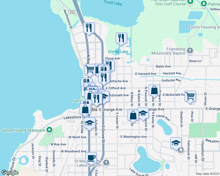 map of restaurants, bars, coffee shops, grocery stores, and more near in Eustis