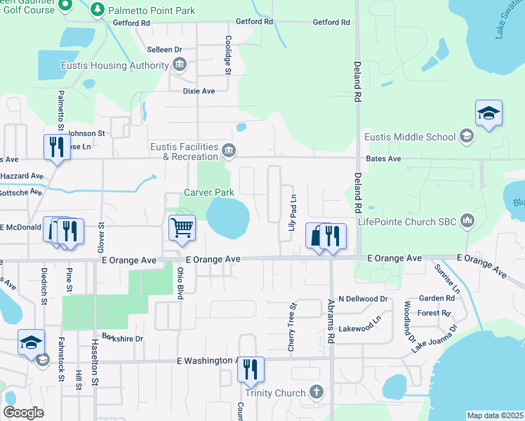 map of restaurants, bars, coffee shops, grocery stores, and more near 707 Cricket Hollow Lane in Eustis